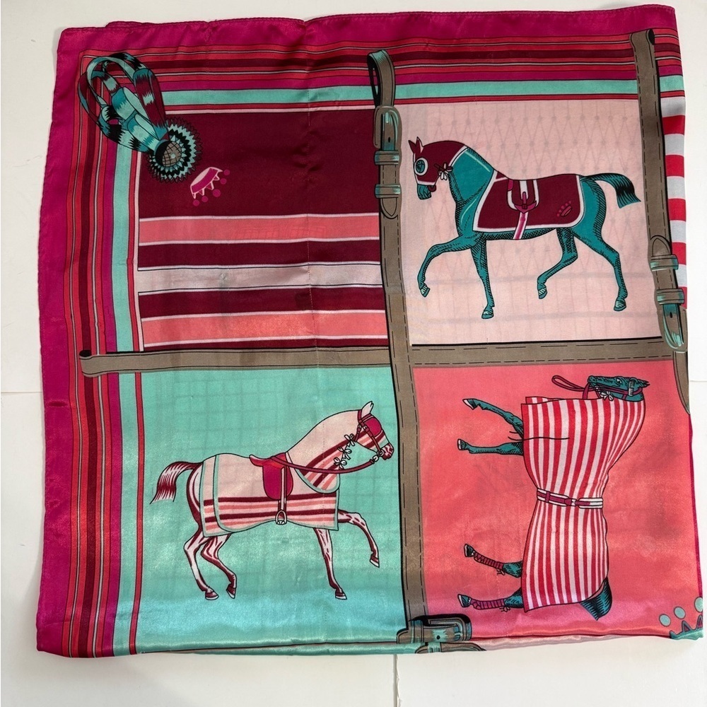 Equestrian Pink Blue Stripe Patchwork Style Scarf Horse Bag Tie Wrap 35” x 35”